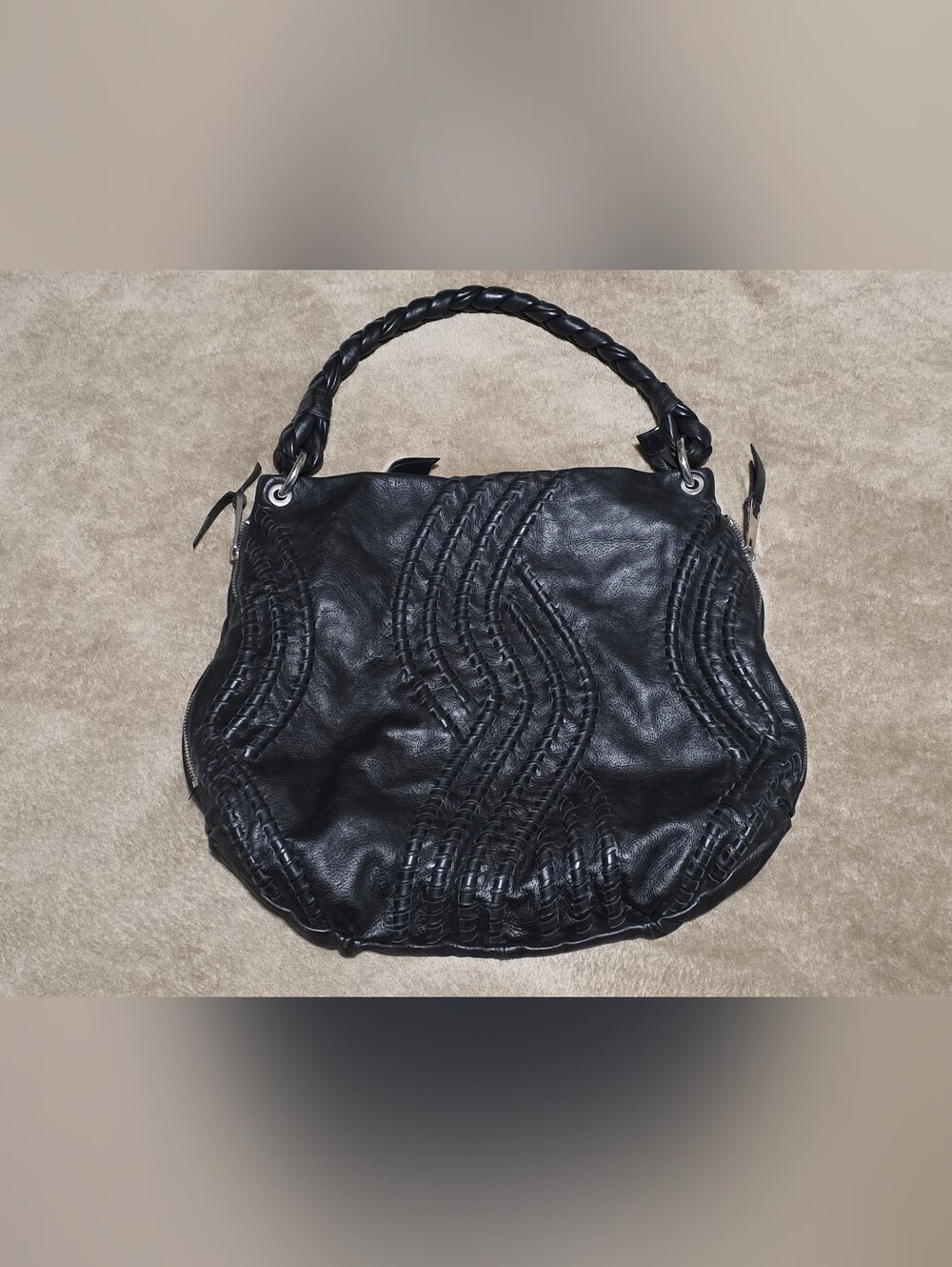 GUC Kenar Whipstitched Braided Handle Hobo Shoulder Bag Black Leather